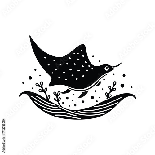 Eagle ray gliding above water waves with water splash vector art illustration