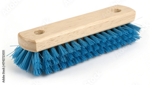 Sturdy wooden handle brush with bright blue bristles