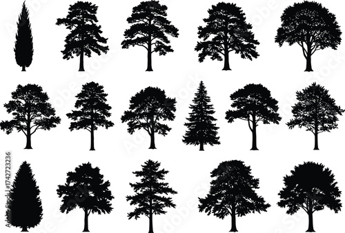 Silhouette tree collection with diverse species, botanical shapes, conifer and deciduous forms, landscape design elements, environmental illustration, natural concept art