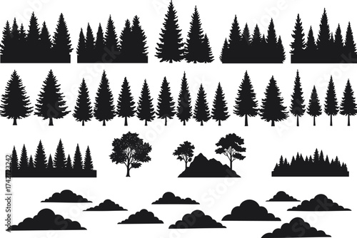 Silhouette tree, mountain, and cloud collection with conifer clusters, terrain elements, cloud shapes, landscape design resources, environmental illustration, natural concept