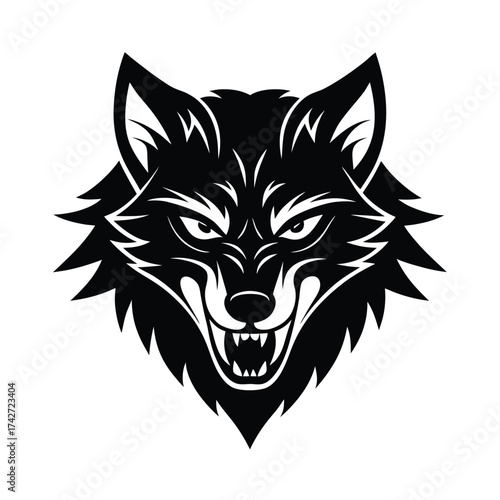 Highly detailed angry wolf mascot head drawn in bold tattoo style vector art illustration