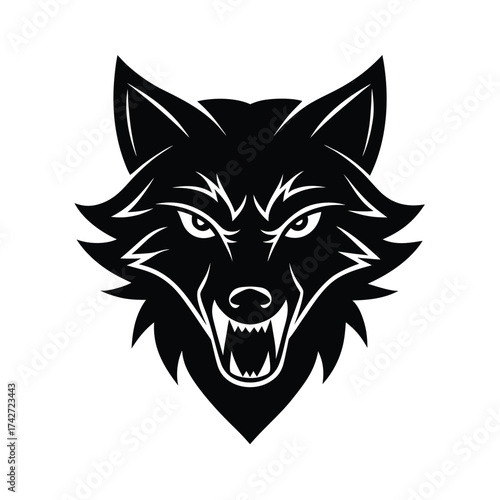 Highly detailed angry wolf mascot head illustrated in black ink vector art illustration
