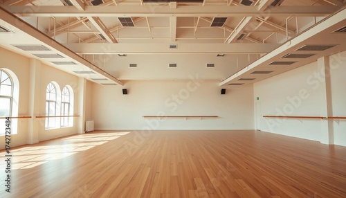 Vast, empty dance studio with bare wooden floors and high ceilings, home, studio apartment