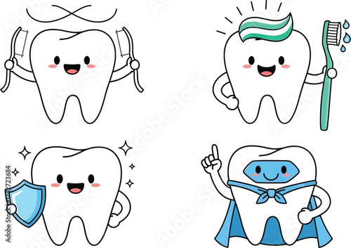 Dental care cartoon teeth characters oral hygiene illustration editable vector