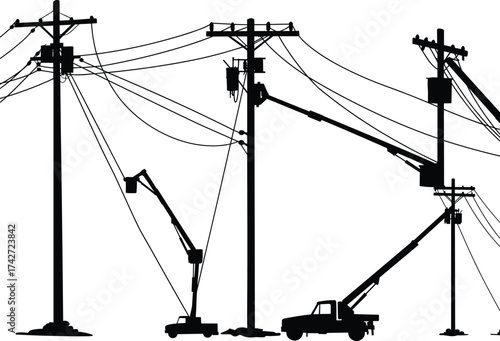 Silhouette utility poles with crossarms, insulators, bucket trucks, workers repairing power lines, electrical infra