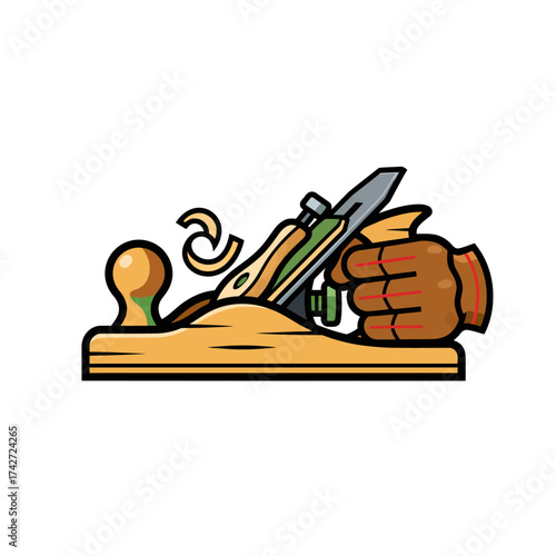 Hand Plane Smoothing Wood, Woodworking Tool Illustration.