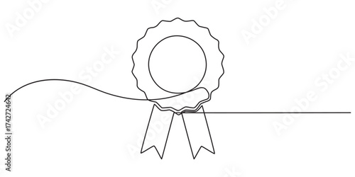 Single continuous line drawing of the best quality award badge with gold star winning medal illustration, Winning badge in one continuous line drawing. Symbol of a winner. Award winning ribbon minimal