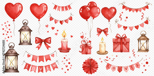 A watercolor collection of Valentine's Day elements including heart balloons, gift boxes, bows, candles, lanterns, and decorative heart and 'LOVE' garlands.