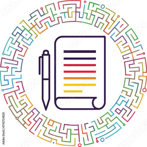 Complex problem solving document with maze and pen illustration editable vector