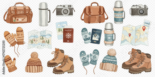 A collection of watercolor illustrations depicting winter travel essentials and cozy outdoor gear, including bags, thermoses, cameras, maps, passports, mittens, hats, and hiking boots.