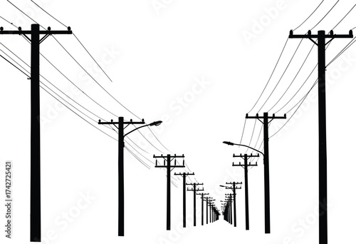 Silhouette utility poles with power lines, straight perspective, vanishing point depth, symmetrical alignment, urban electricity infrastructure, telecommunications network system