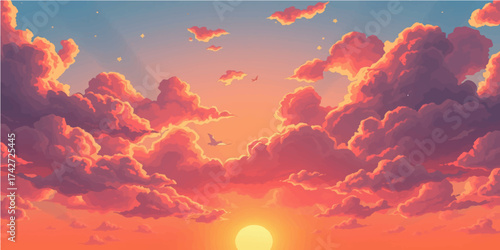 Dramatic fiery sunset with orange and red clouds painting the sky at dusk