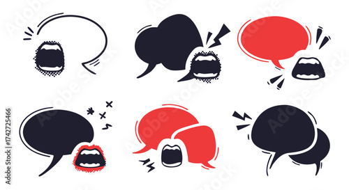 Collection of stylized speech bubbles accompanied by graphic representations of mouths expressing loud noises and ideas

