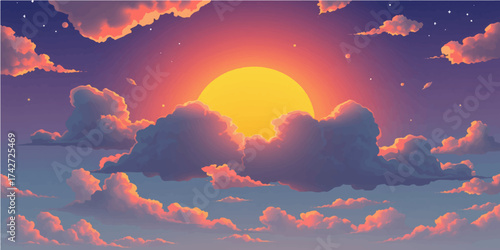 Dramatic evening sky ablaze with orange, red, and yellow sunlight painting a beautiful cloudscape at sunset