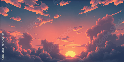 Dramatic red and orange sunset over mountain peaks