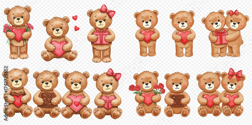Adorable watercolor teddy bear illustrations with hearts, roses, and loving couples, perfect for Valentine's Day.