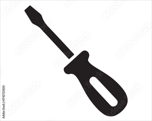 Black flat screwdriver icon isolated on white background, minimalist hand tool vector illustration, hardware repair equipment silhouette symbol for mechanic, construction, or DIY design