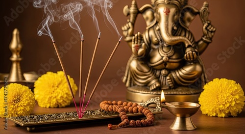 Ganesha idol with burning incense sticks and marigold flowers for worship