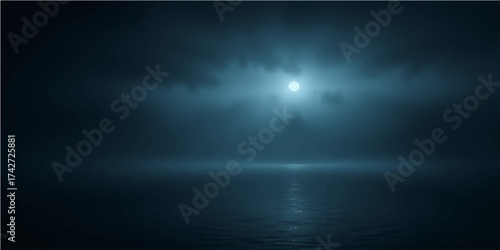 Abstract blue light texture of dark night sky and ocean smoke with storm clouds