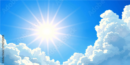 Blue sky and bright sunlight create a beautiful, airy atmosphere with white clouds in a stunning summer cloudscape
