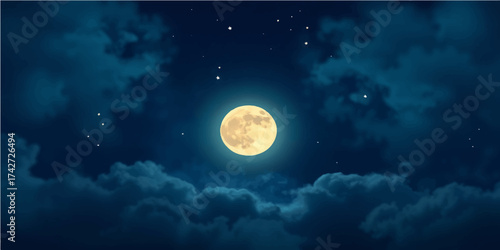 A bright full moon shines in the dark night sky, partially veiled by blue clouds