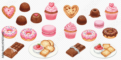 A delightful assortment of watercolor-style sweet treats including cupcakes, donuts, chocolates, cookies, macarons, and crackers with dip.