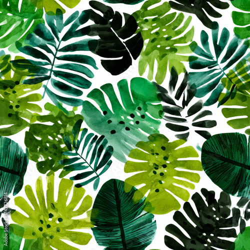 Watercolor tropical leaf pattern. Green botanical design elements on white for decor, wallpaper, fabric. Modern abstract background with various rainforest plant.