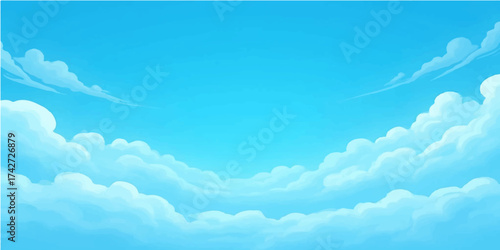 Bright blue sky background with white, puffy summer clouds forming a beautiful cloudscape