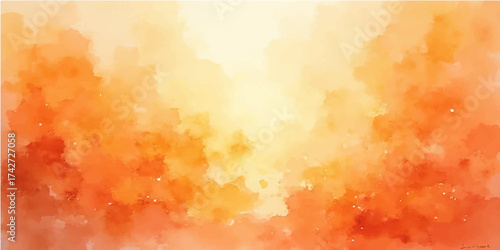 An abstract watercolor design featuring warm orange, yellow, and red colors evokes the texture of fire and smoke against a bright, hazy backdrop
