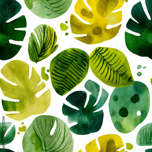 Seamless watercolor pattern with various tropical leaf shapes. Nature inspired design for fabric, wallpaper, or summer decor.