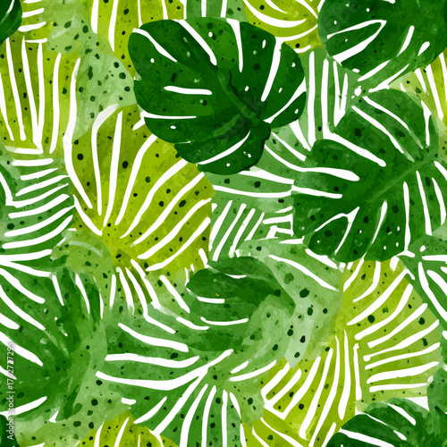 Green leaves pattern. Tropical seamless texture with monstera and palm elements. Nature background for product printing, textile, invitation.