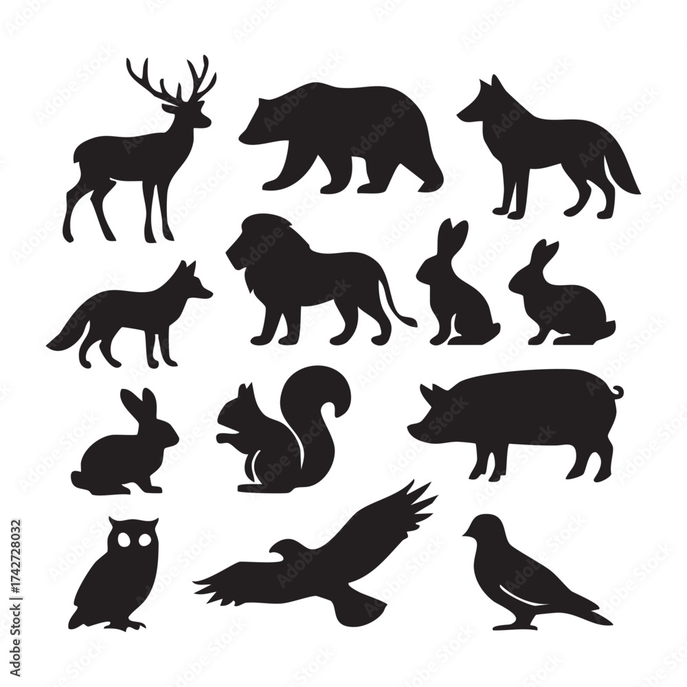 Obraz premium Silhouette Collection of Wildlife Animals Featuring a Deer, Bear, Wolf, Fox, Lion, Rabbits, Squirrel, Pig, Birds and an Owl
