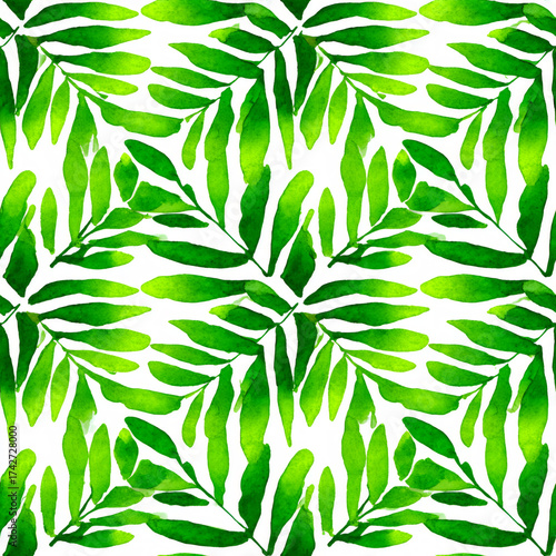 Green watercolor leaf pattern on white background. Botanical illustration for decorative background, textile print, wallpaper, and invitation card.