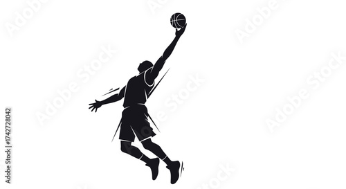 Dynamic basketball player silhouette soaring for the slam dunk, perfect for sports branding and athletic designs with a modern, powerful feel