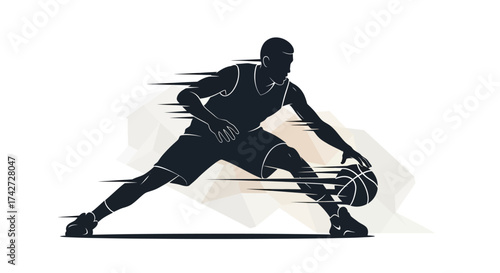 Dynamic silhouette of basketball player dribbling with intense focus, perfect for sports branding or athletic campaigns needing speed and energy