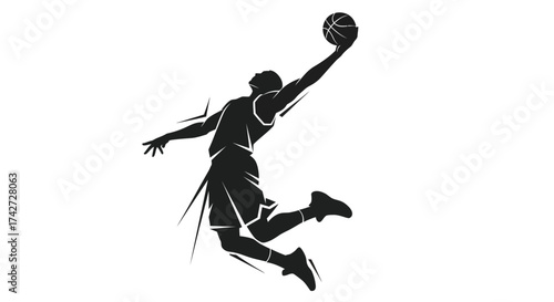 Dynamic basketball player silhouette soaring through the air for an impressive slam dunk showing power, skill, and athleticism in a single, iconic moment