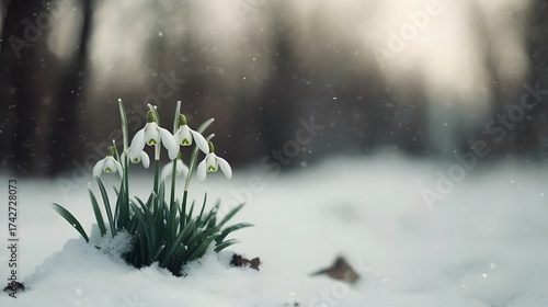 Delicate snowdrop flowers emerge through the snow, hinting at the arrival of spring.