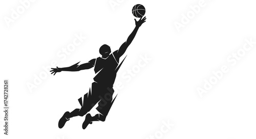 Dynamic action silhouette of basketball player reaching for ball during slam dunk for sports marketing or athletic team branding, conveying energy and power