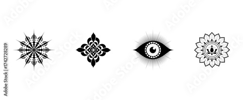 Collection of four unique black and white decorative design elements isolated on white background