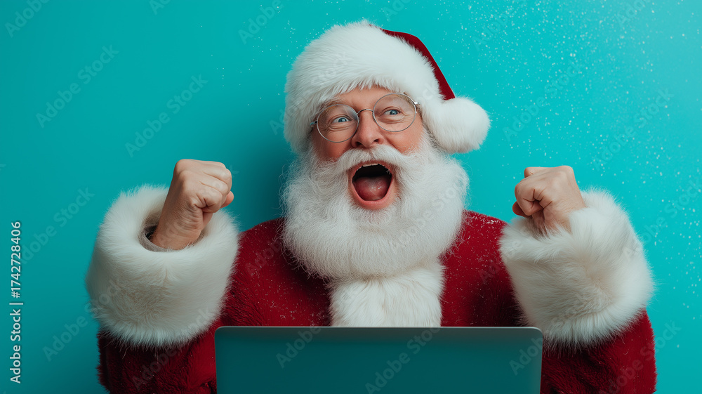Naklejka premium Santa Claus joyfully raises his fists in celebration while using a laptop, radiating holiday spirit Generative AI