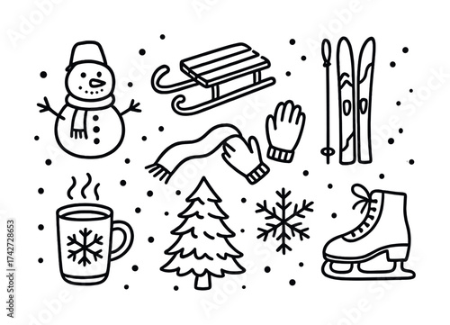 Vector Winter fun: snowman, sled, ski, ice skate, hot cocoa, snowflakes, gloves, scarf, tree