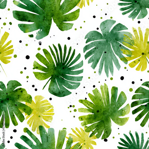 Watercolor seamless pattern with tropical green monstera leaf and palm leaf. Exotic plant summer background style for fabric design.