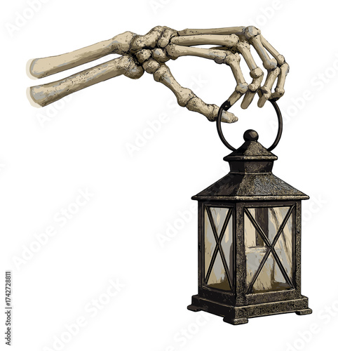 Vector Skeletal hand holding vintage lantern on white background