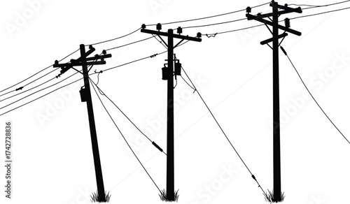 Silhouette utility poles with transformers, crossarms, insulators, support cables, power lines, outdoor grass landscape, electrical infrastructure, telecommunications network, urban system