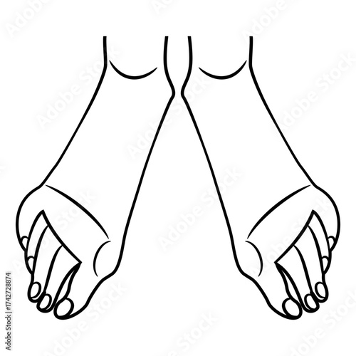 Two standing bare human feet. Black and white linear silhouette.
