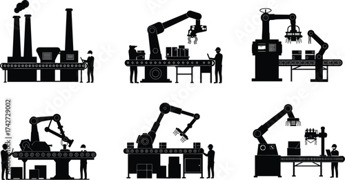 Automated manufacturing illustration, robotic arms, conveyor belts, factory workers, industrial machinery, packaging process, assembly line, black and white silhouette, production