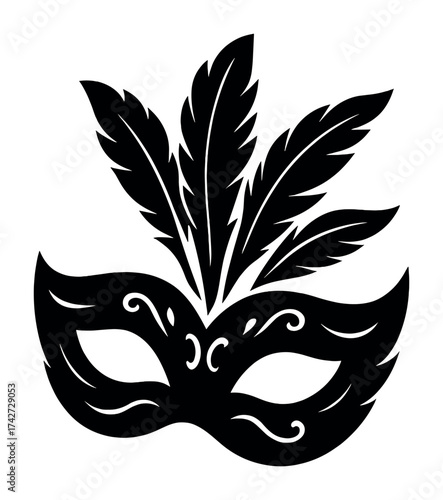 Vector Ornate masquerade mask with feathers silhouette design