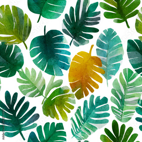 Watercolor tropical leaf pattern. Seamless abstract botanical design for textile. Creative floral decoration.