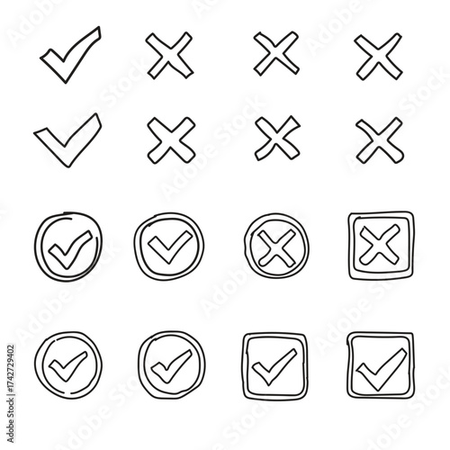 Hand drawn check mark and cross symbols set in circles and squares for voting or decision making