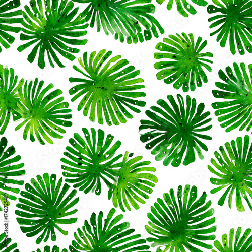Tropical leaf watercolor seamless pattern on white background. Exotic foliage painting for summer banner, wallpaper, textile design.
